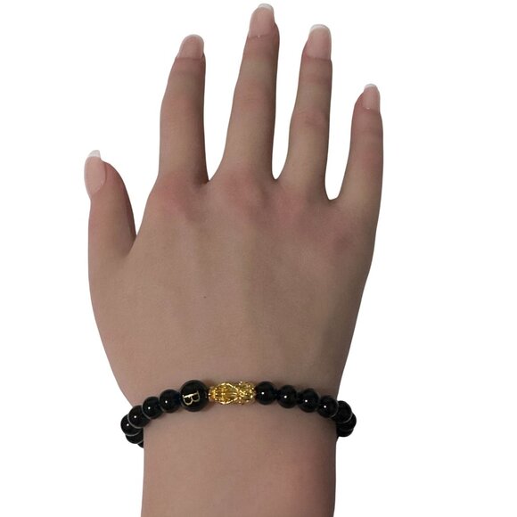 18K Gold Pixiu Piyao Bracelet Gemstones Onyx 6mm Elastic Bracelet Letter B - Picture 3 of 6
